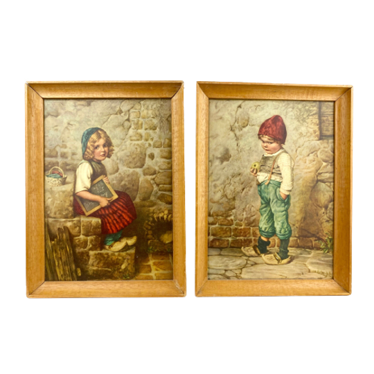 Set Van 2 Vintage Ingelijste Prints Jongen & Meisje, Wanddecoratie, Jaren 60 70 1