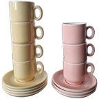 Boch Vintage Koffiekopjes Met Schotels – Roze & Geel (set Van 7) thumbnail 1