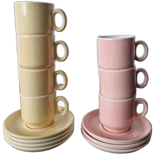 Boch Vintage Koffiekopjes Met Schotels – Roze & Geel (set Van 7) 1