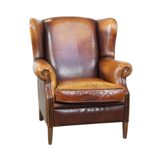 Karakteristieke En Tijdloze Vintage Schapenleren Oorfauteuil Met Mooie Kleuren 1