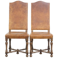 Set Van 2 Antieke Houten En Schapenleren Eetkamerstoelen Met Een Mooi Patina Uit Begin 1900