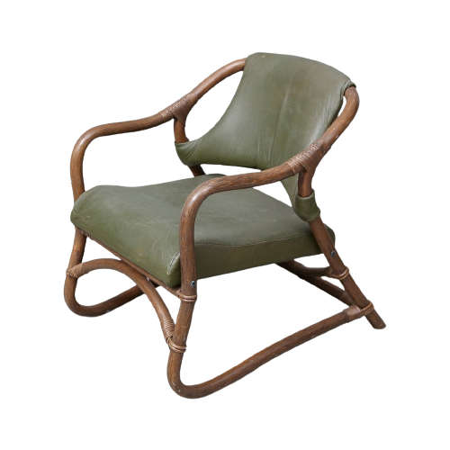 Twee Rotan Fauteuils Met Groen Lederen Bekleding Jaren 60. Zweeds Ontwerp (415)