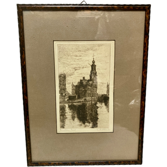 Antieke Ets, Munttoren Amsterdam, 36 X 27 Cm, Reliving 1