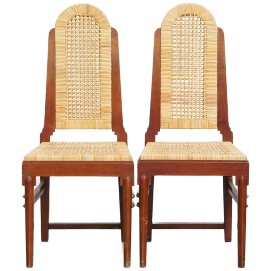 Leuke Set Van 2 Houten Art Deco Design Eetkamerstoelen Met Een Rieten Zitting En Rugleuning 1