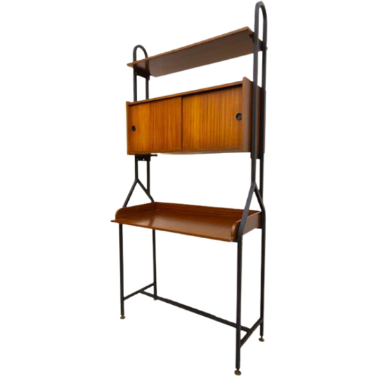 Vintage Wandsysteem Met Bureau Teakhout En Zwart Metalen Frame - Reliving 1