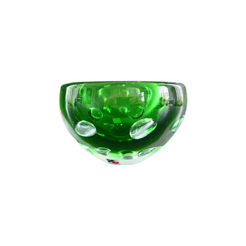 Vintage Svoboda Vaas Bowl Groen Glas Met Luchtbellen