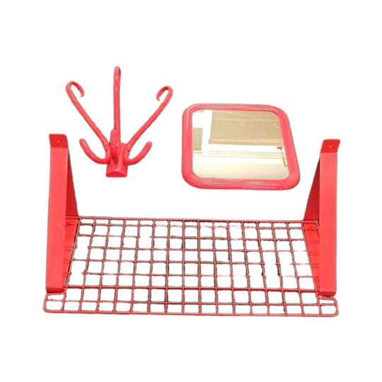 Vintage Hal / Badkamer Set, Plank, Kapstok En Spiegel, Rood 1