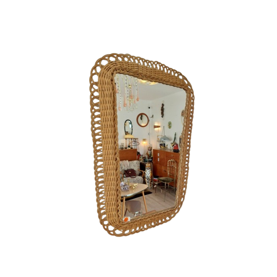Grote Conische Rotan Riet Spiegel Vintage 1