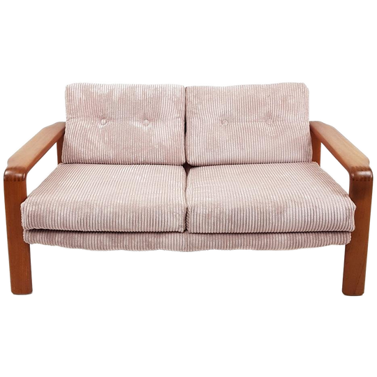Vintage Teak Houten Bankje | Roze Ribstof | Licht Roze Bank 1