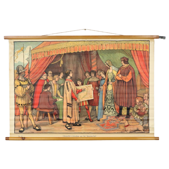 Educatieve Oude Schoolplaat Vaderlandse Geschiedenis Columbus Aan Het Spaanse Hof 94x65cm 1