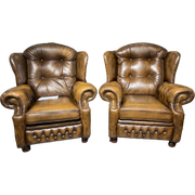 2 X Engelse Chesterfield Fauteuils Suzanne Tabacco Bruin Leer