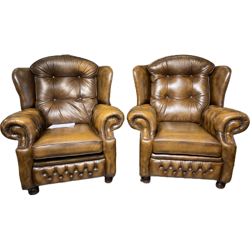 2 X Engelse Chesterfield Fauteuils Suzanne Tabacco Bruin Leer