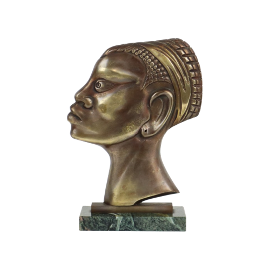 Art Deco Bronzen Sculptuur Afrikaanse Vrouw Groen Marmer Hagenauer 1