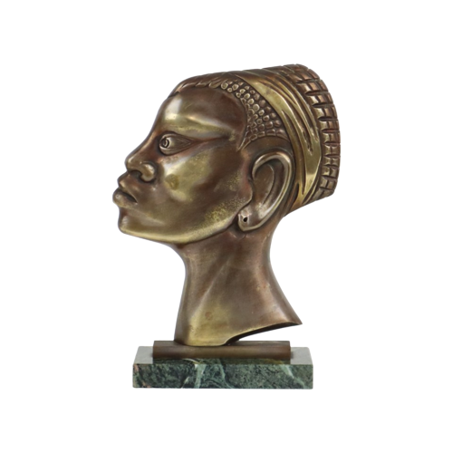 Art Deco Bronzen Sculptuur Afrikaanse Vrouw Groen Marmer Hagenauer