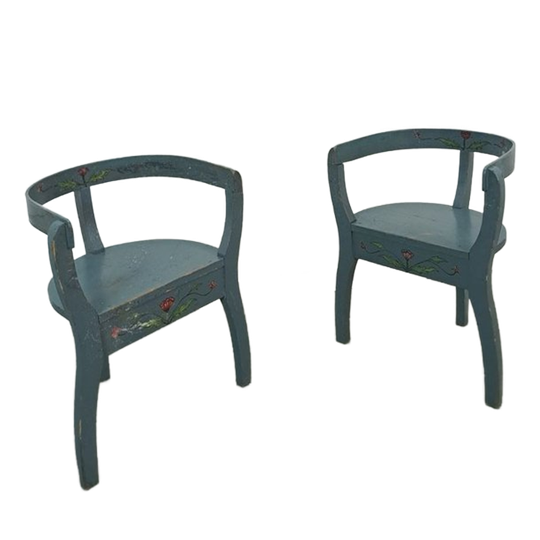 Oude Houten Blauwe Set Stoelen Met Bloemen Uit Zweden 1
