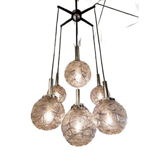 Vintage Kroonluchter 70s Chroom Met 7 Glazen Bollen 1