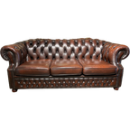 Engelse Chesterfield 3 Zits Bank Rood Bruin Gevlamd Leer High Back thumbnail 1