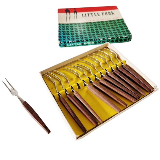 Vintage Vorkjes Set Hapjes Feest Teakhouten Servies 1