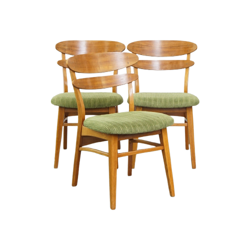 Set Van 3 Leuke Vintage Houten Design Eetkamerstoelen Uit De Jaren ’60 Met Groene Stoffen Zitting