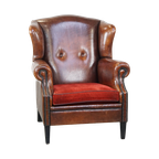 Stijlvolle Vintage, Luxe Schapenleren Oorfauteuil Met Een Rood Corduroy Zitkussen thumbnail 1