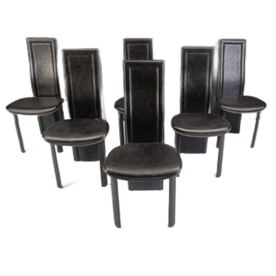 Vintage Black Leather High Back Dining Chairs, Set Of 6, 1980s 1