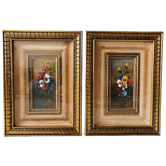 Set Mid-century Italiaanse Olieverfschilderijen Barok Bloemen Bloemboeket Fluweel Goud Glas 1950’ 1