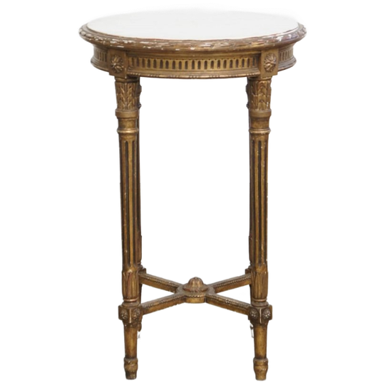 Antieke Franse Ronde Goudkleurige Brocante Bijzettafel Met Een Marmeren Blad 1