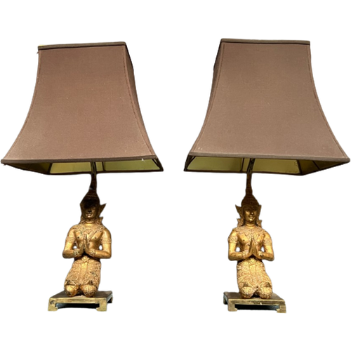 Paar Tafel Lampen Met Bronzen Beeldjes Van Boeddha'S.