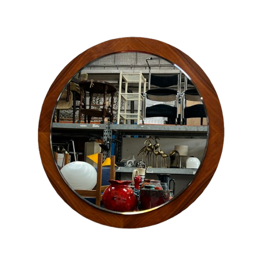Vintage Deense Teakhouten Spiegel, Rond, 1970's 1