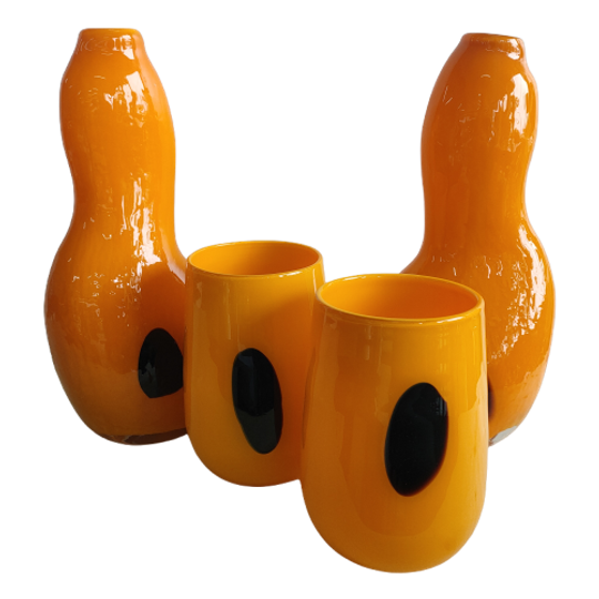 Vintage Set Oranje Glazen Vazen En Bloempotten 1
