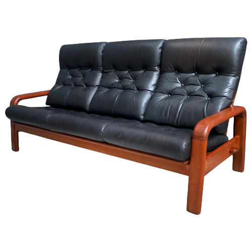 Teak And Black Leather 3 Seat Sofa By Hs Denmark 1970S