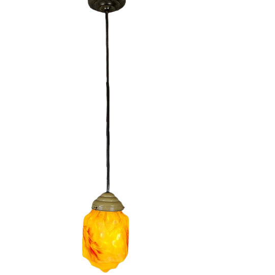Antieke Art Deco Hanglamp Met Amberkleurig Gemarmerd Opaline Glas 1