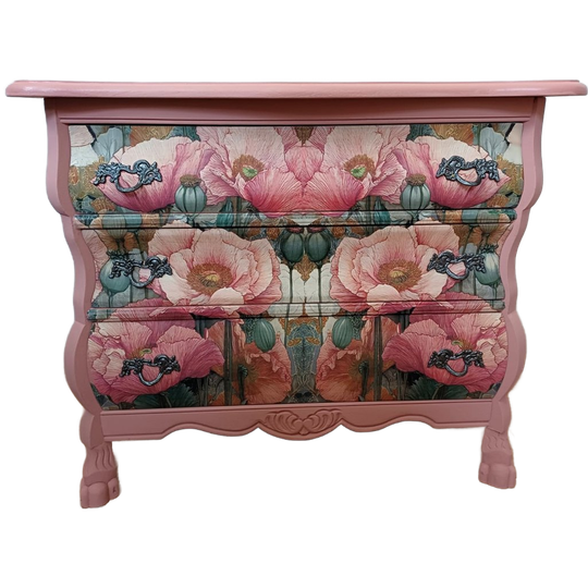 Roze Houten Buikkastje Met Klaprozen – Vintage Ladekast Met 3 Lades 1