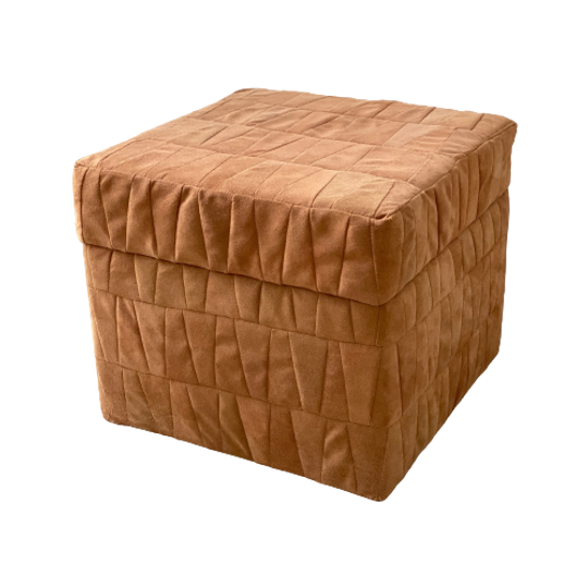 Vintage Bruin Suède Vierkante Patchwork Poef / Voetenbank Met Opbergruimte 1
