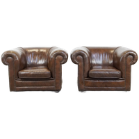 Set Van 2 Grote, Luxe Donkere Gladde Rundleren Engelse Stijl Chesterfield Fauteuils