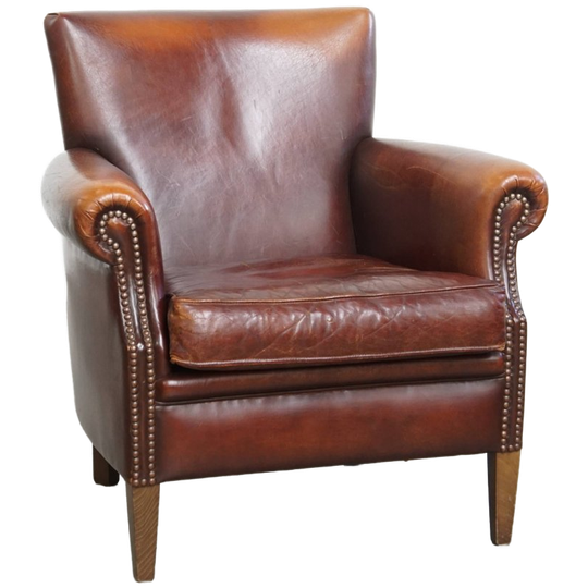 Vintage Karaktervolle Fauteuil Gemaakt Van Schapenleer Met Een Prachtige Warme Kleurstelling 1