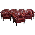 Unieke Set Van 12 Mooie Engelse Rundleren Chesterfield Fauteuils In Een Gevlamde Rode Kleur thumbnail 1