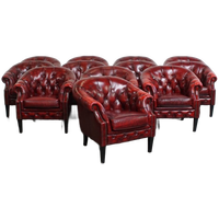 Unieke Set Van 12 Mooie Engelse Rundleren Chesterfield Fauteuils In Een Gevlamde Rode Kleur