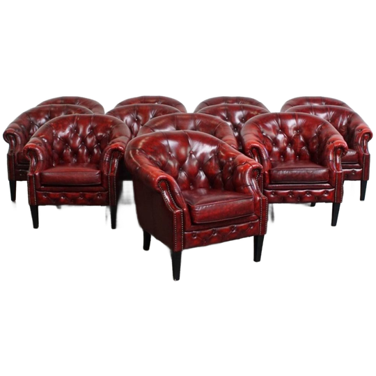 Unieke Set Van 12 Mooie Engelse Rundleren Chesterfield Fauteuils In Een Gevlamde Rode Kleur 1