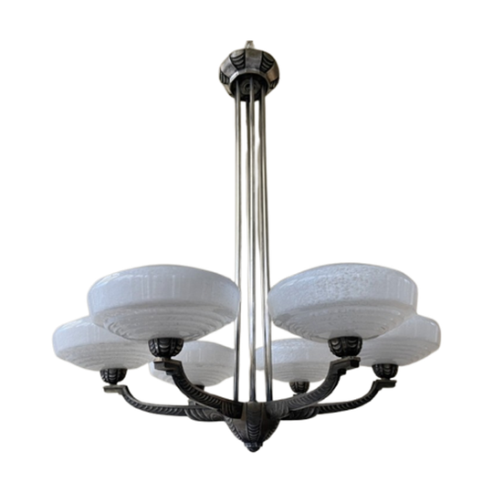 Hanglamp Jaren 40 Pendel Verzilverd 6 Arms Getrapte Glazen Kelken 1