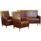 Geweldige Complete Set Schapenleren Art Deco Design 2 Zits Bank En 2 Fauteuils thumbnail 1