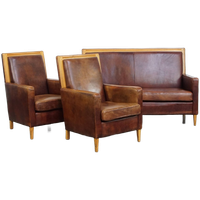 Geweldige Complete Set Schapenleren Art Deco Design 2 Zits Bank En 2 Fauteuils