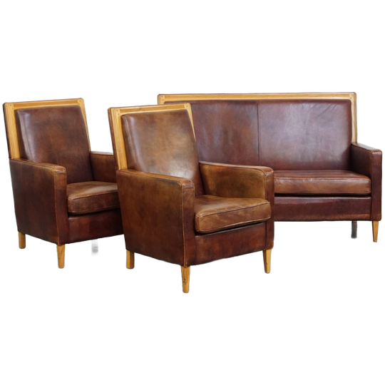 Geweldige Complete Set Schapenleren Art Deco Design 2 Zits Bank En 2 Fauteuils 1