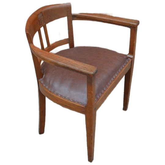 Antieke Eiken Armstoel Met Leren Zitting En Uitgesneden Wapenschild 1