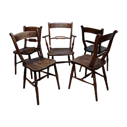 Antieke Engelse Windsor Stoelen Eetkamerstoelen, Set Van 5 1