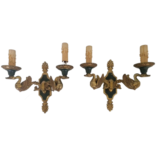 Bronzen Zwanen Wandlampen Door Lucien Gau Jaren 60. 1