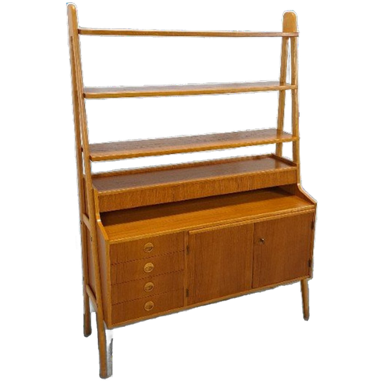 Teak Fineer Kast Uit Zweden Met Lades, Legplank En Uitschuifbare Plank 1