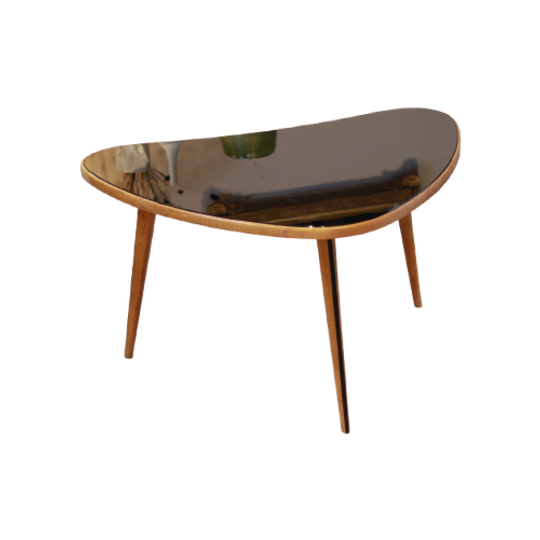 Bean Driepoot Salontafel In Hout En Gerookt Glas, 1960 1