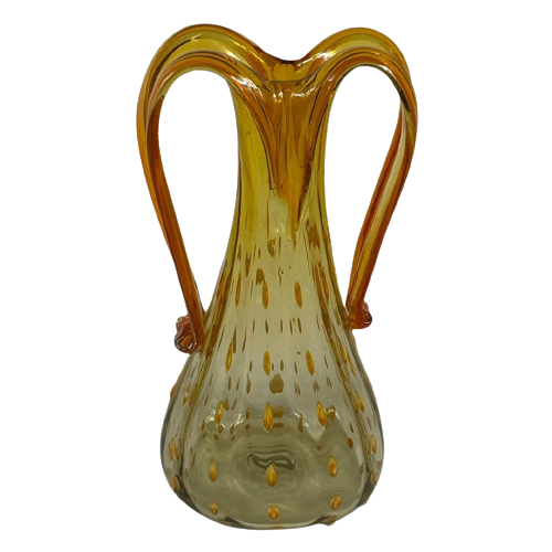 Hand Made Italian Glass Vase (Large)- Amber Colored With Yellow And Orange Details - Excellent Qu