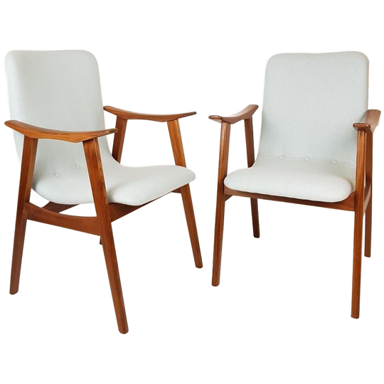 2 Vintage Louis Van Teeffelen Fauteuils Licht Blauw Teak 1